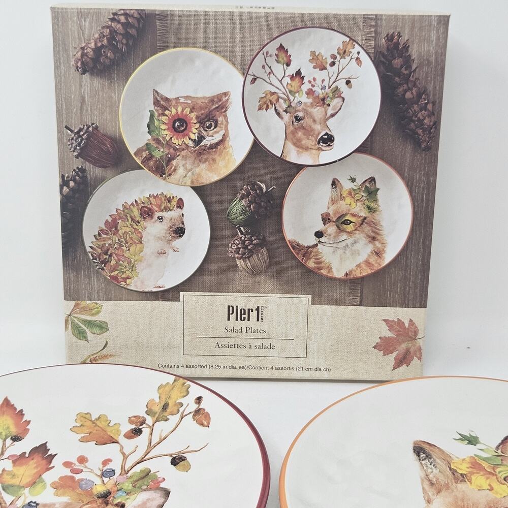 Pier 1 Harvest Garden Critters 8.25" Set of 4 Salad Plates Deer Owl Fox Hedgehog